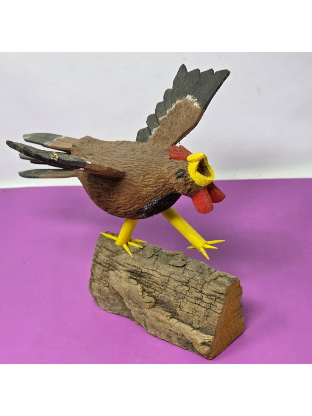 Hand Carved Folk Art Rooster Chicken Wood Sculpture Signed Rustic FarmhouseDecor